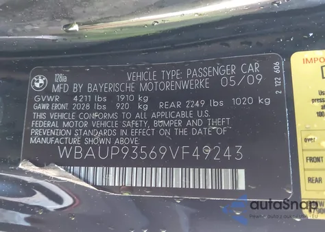 2009 BMW 128I z USA, uszkodzony, nr VIN WBAUP93569VF49243